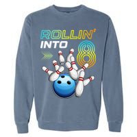 Rollin Into 8 Retro Bowling Birthday Party 8th Birthday Garment-Dyed Sweatshirt