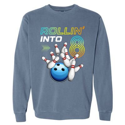 Rollin Into 8 Retro Bowling Birthday Party 8th Birthday Garment-Dyed Sweatshirt