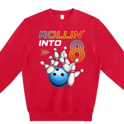 Rollin Into 8 Retro Bowling Birthday Party 8th Birthday Premium Crewneck Sweatshirt