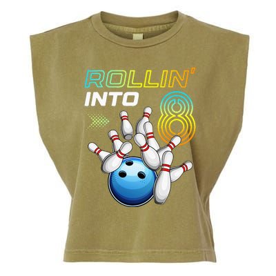 Rollin Into 8 Retro Bowling Birthday Party 8th Birthday Garment-Dyed Women's Muscle Tee