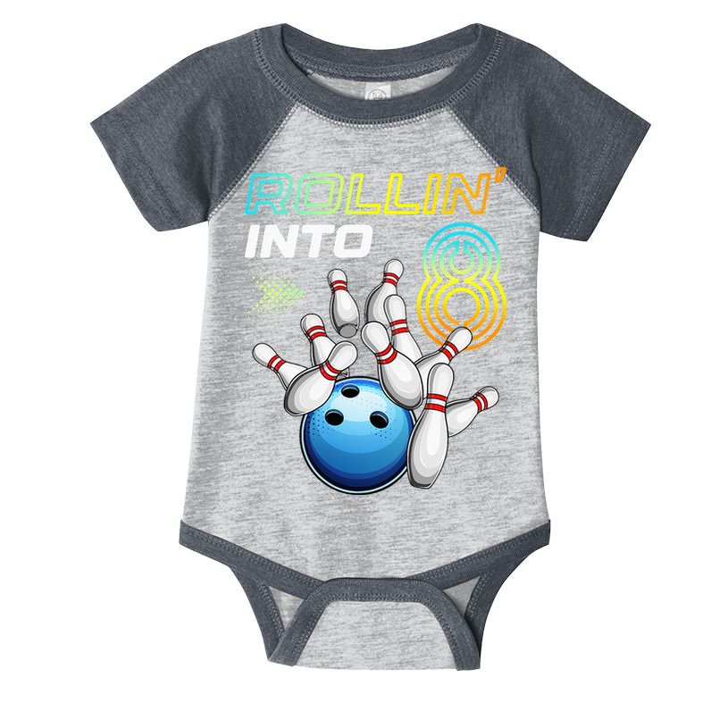 Rollin Into 8 Retro Bowling Birthday Party 8th Birthday Infant Baby Jersey Bodysuit