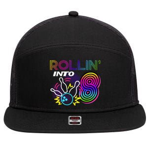 Rollin Into 8 Year Old Birthday Bowling Party 8th Bday Retro 7 Panel Mesh Trucker Snapback Hat