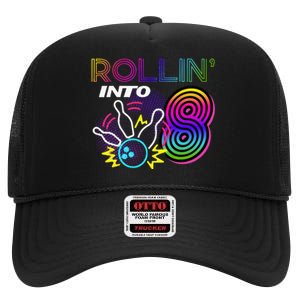 Rollin Into 8 Year Old Birthday Bowling Party 8th Bday Retro High Crown Mesh Back Trucker Hat