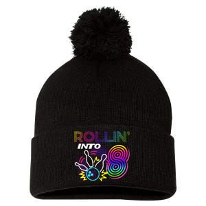 Rollin Into 8 Year Old Birthday Bowling Party 8th Bday Retro Pom Pom 12in Knit Beanie