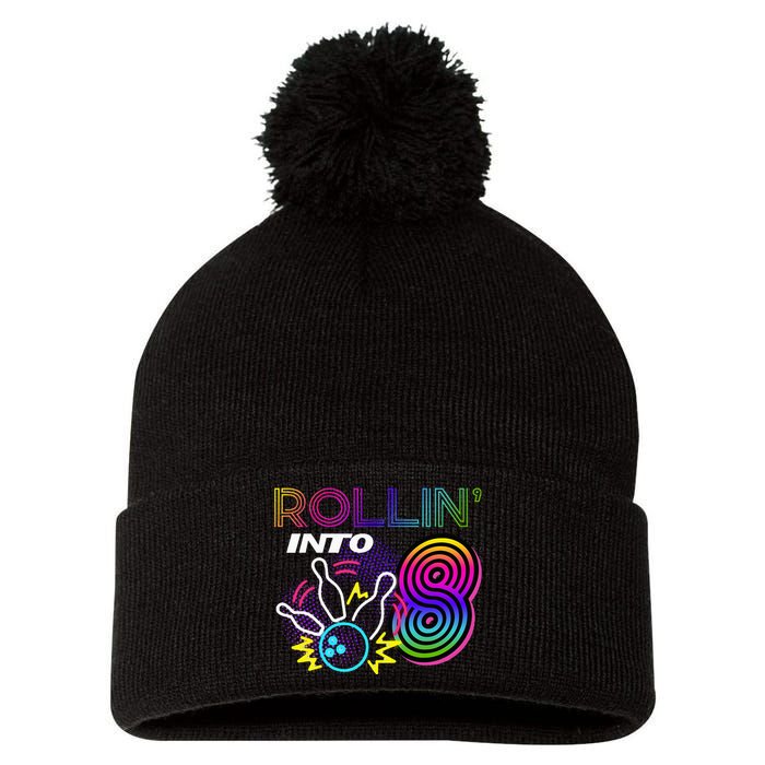 Rollin Into 8 Year Old Birthday Bowling Party 8th Bday Retro Pom Pom 12in Knit Beanie