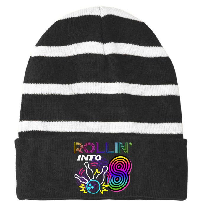 Rollin Into 8 Year Old Birthday Bowling Party 8th Bday Retro Striped Beanie with Solid Band