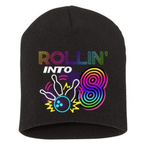 Rollin Into 8 Year Old Birthday Bowling Party 8th Bday Retro Short Acrylic Beanie