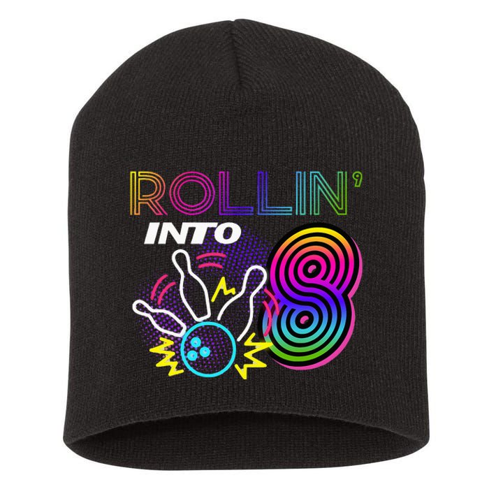 Rollin Into 8 Year Old Birthday Bowling Party 8th Bday Retro Short Acrylic Beanie