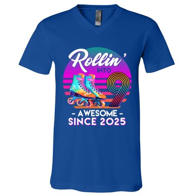 Rollin Into 9 Years Old Awesome Since 2025 Birthday V-Neck T-Shirt