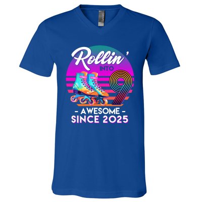 Rollin Into 9 Years Old Awesome Since 2025 Birthday V-Neck T-Shirt