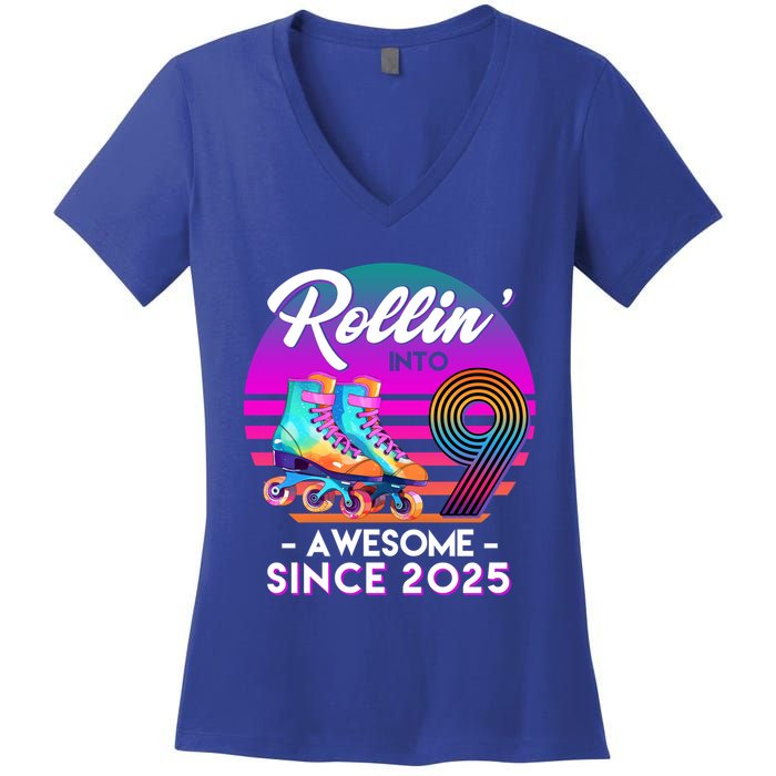 Rollin Into 9 Years Old Awesome Since 2025 Birthday Women's V-Neck T-Shirt