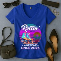 Rollin Into 9 Years Old Awesome Since 2025 Birthday Women's V-Neck T-Shirt