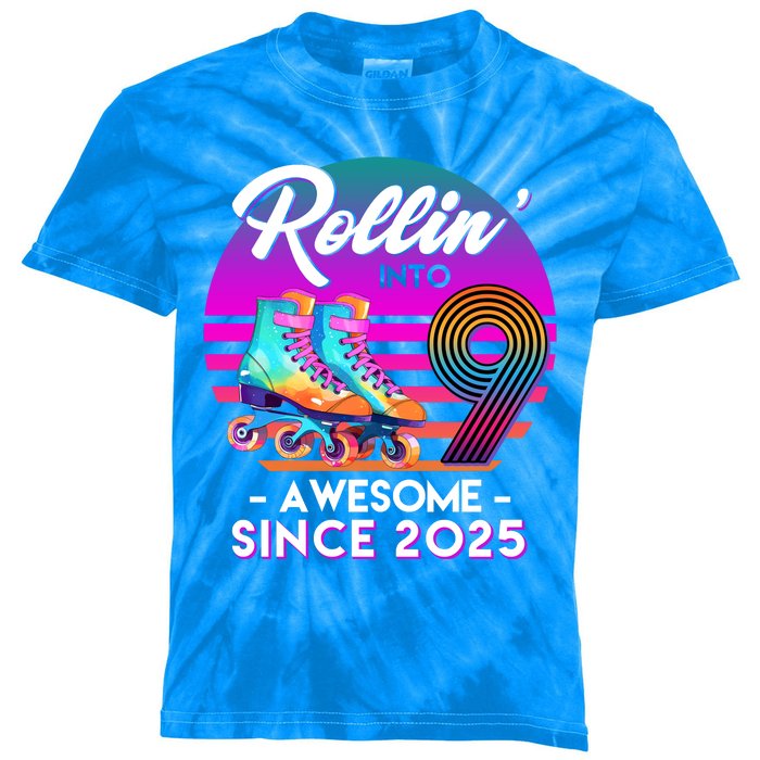 Rollin Into 9 Years Old Awesome Since 2025 Birthday Kids Tie-Dye T-Shirt