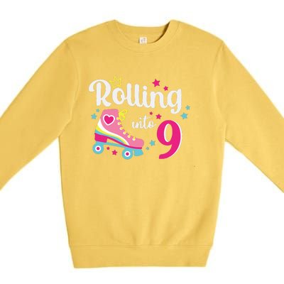 Rolling Into 9 Birthday Roller Skates 9th Birthday Premium Crewneck Sweatshirt