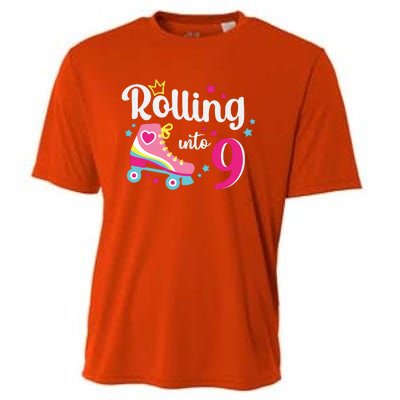 Rolling Into 9 Birthday Roller Skates 9th Birthday Cooling Performance Crew T-Shirt