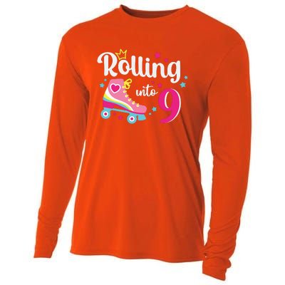 Rolling Into 9 Birthday Roller Skates 9th Birthday Cooling Performance Long Sleeve Crew