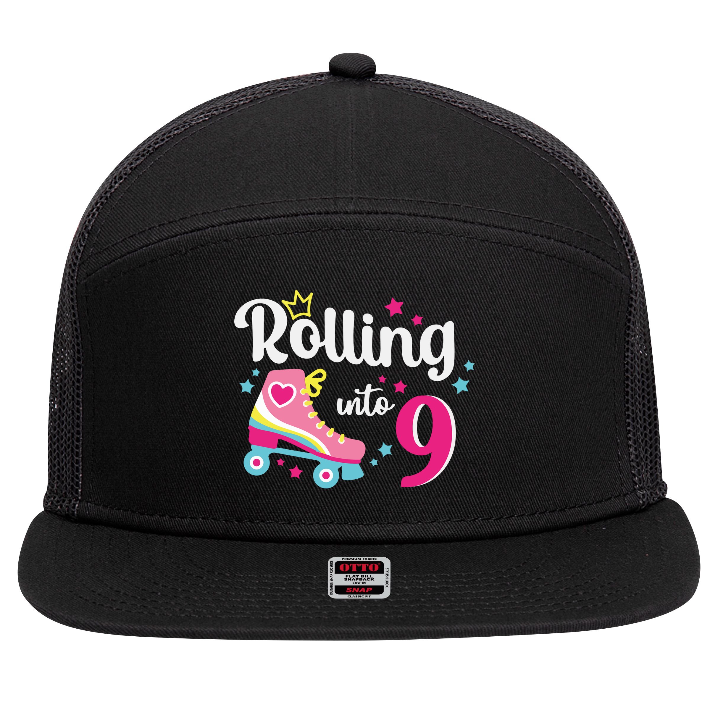 Rolling Into 9 Birthday Roller Skates 9th Birthday 7 Panel Mesh Trucker Snapback Hat