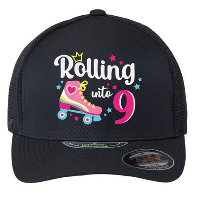 Rolling Into 9 Birthday Roller Skates 9th Birthday Flexfit Unipanel Trucker Cap