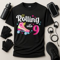 Rolling Into 9 Birthday Roller Skates 9th Birthday Cooling Performance Crew T-Shirt