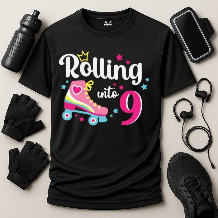 Rolling Into 9 Birthday Roller Skates 9th Birthday Cooling Performance Crew T-Shirt