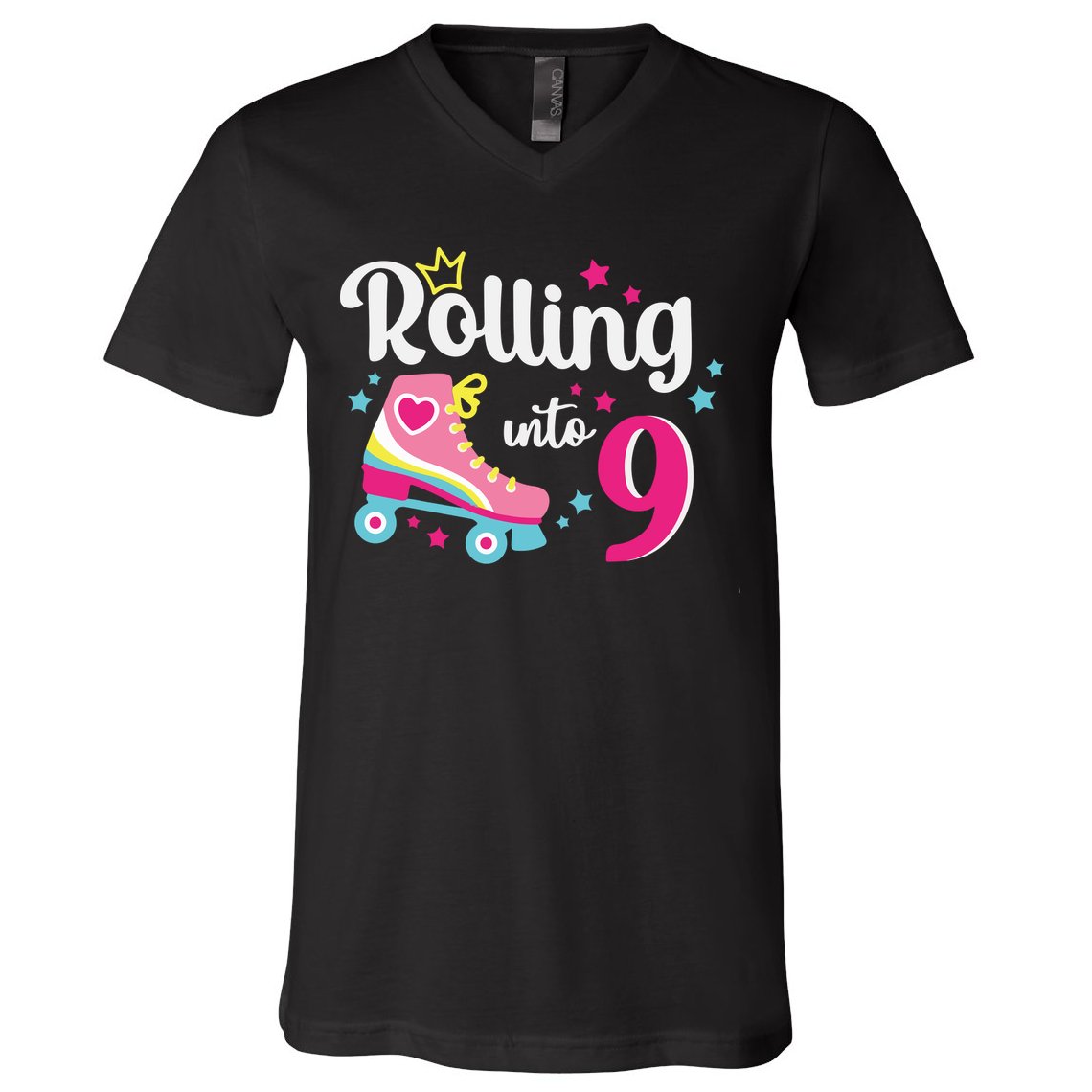 Rolling Into 9 Birthday Roller Skates 9th Birthday V-Neck T-Shirt