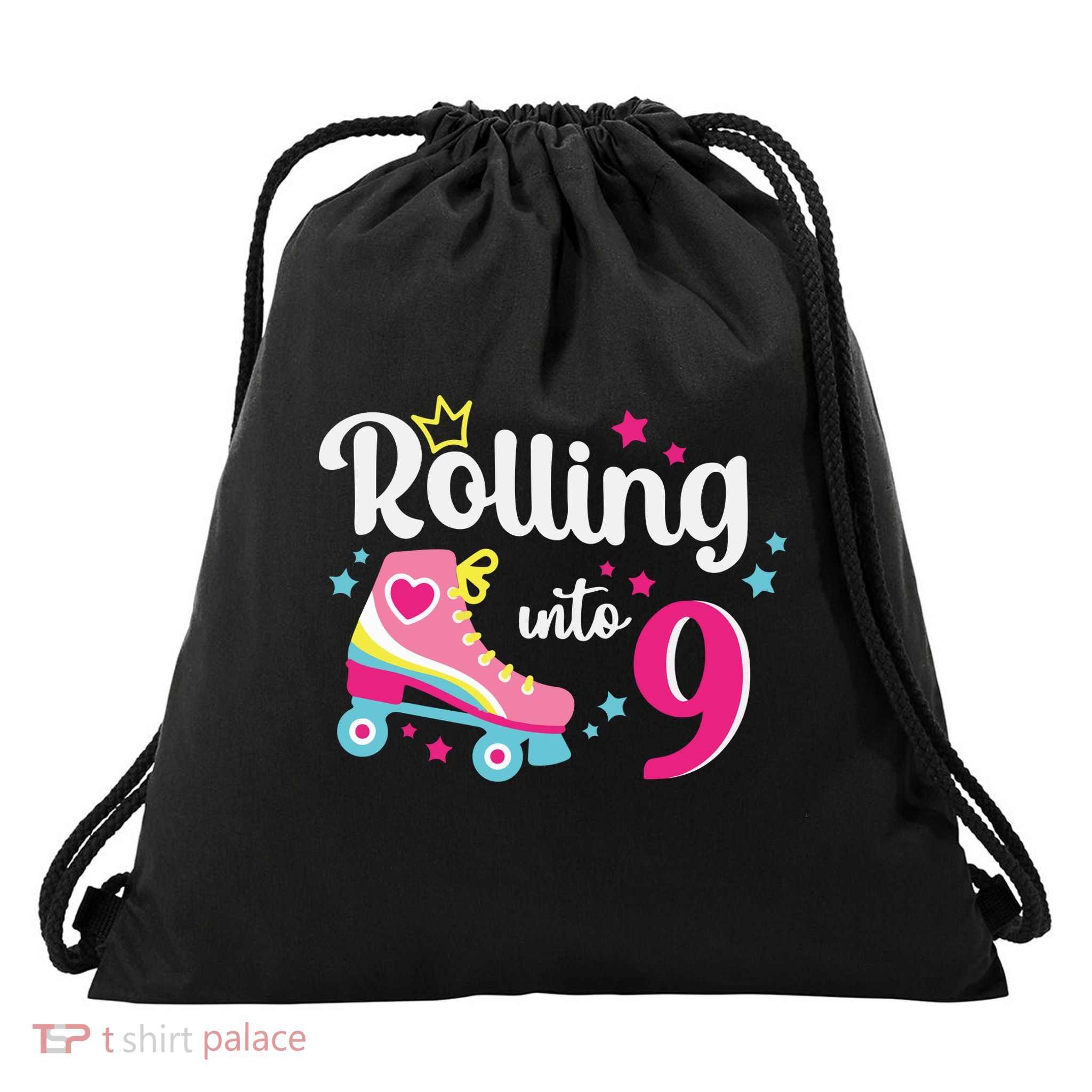 Rolling Into 9 Birthday Roller Skates 9th Birthday Drawstring Bag