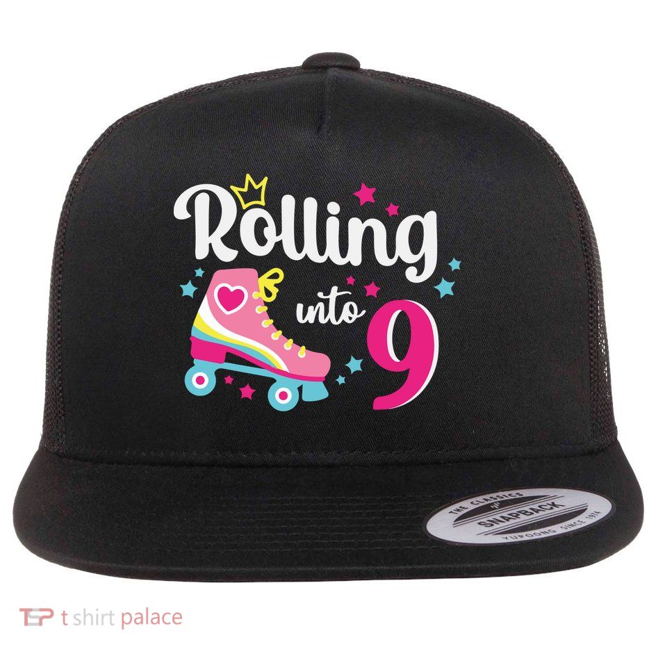 Rolling Into 9 Birthday Roller Skates 9th Birthday Flatbill Hat