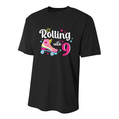 Rolling Into 9 Birthday Roller Skates 9th Birthday Youth Performance Sprint T-Shirt