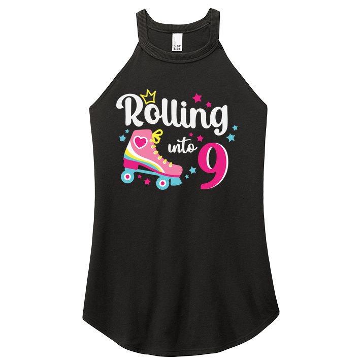 Rolling Into 9 Birthday Roller Skates 9th Birthday Women's Perfect Tri Rocker Tank