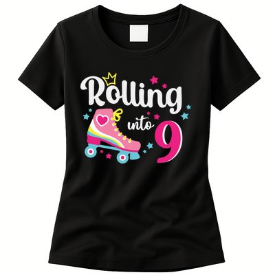 Rolling Into 9 Birthday Roller Skates 9th Birthday Womens T-Shirt