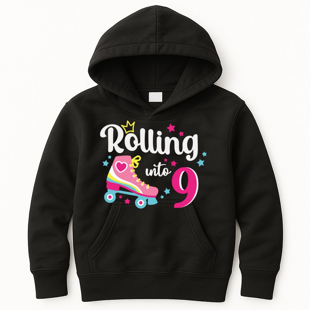 Rolling Into 9 Birthday Roller Skates 9th Birthday Kids Hoodie