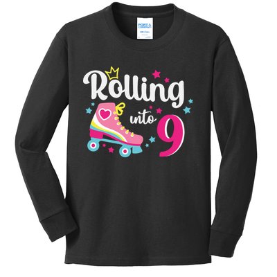 Rolling Into 9 Birthday Roller Skates 9th Birthday Kids Long Sleeve Shirt