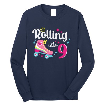 Rolling Into 9 Birthday Roller Skates 9th Birthday Long Sleeve Shirt