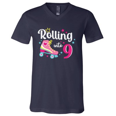 Rolling Into 9 Birthday Roller Skates 9th Birthday V-Neck T-Shirt