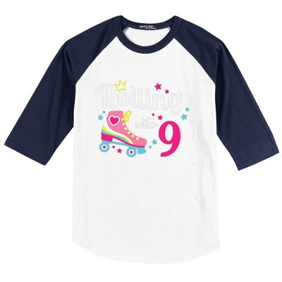 Rolling Into 9 Birthday Roller Skates 9th Birthday Baseball Sleeve Shirt