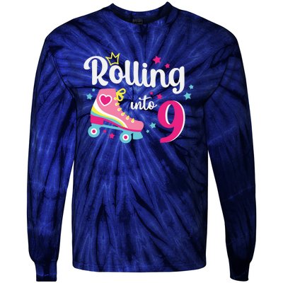 Rolling Into 9 Birthday Roller Skates 9th Birthday Tie-Dye Long Sleeve Shirt