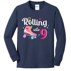 Rolling Into 9 Birthday Roller Skates 9th Birthday Kids Long Sleeve Shirt