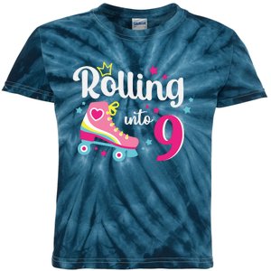 Rolling Into 9 Birthday Roller Skates 9th Birthday Kids Tie-Dye T-Shirt