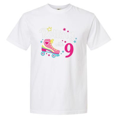 Rolling Into 9 Birthday Roller Skates 9th Birthday Garment-Dyed Heavyweight T-Shirt