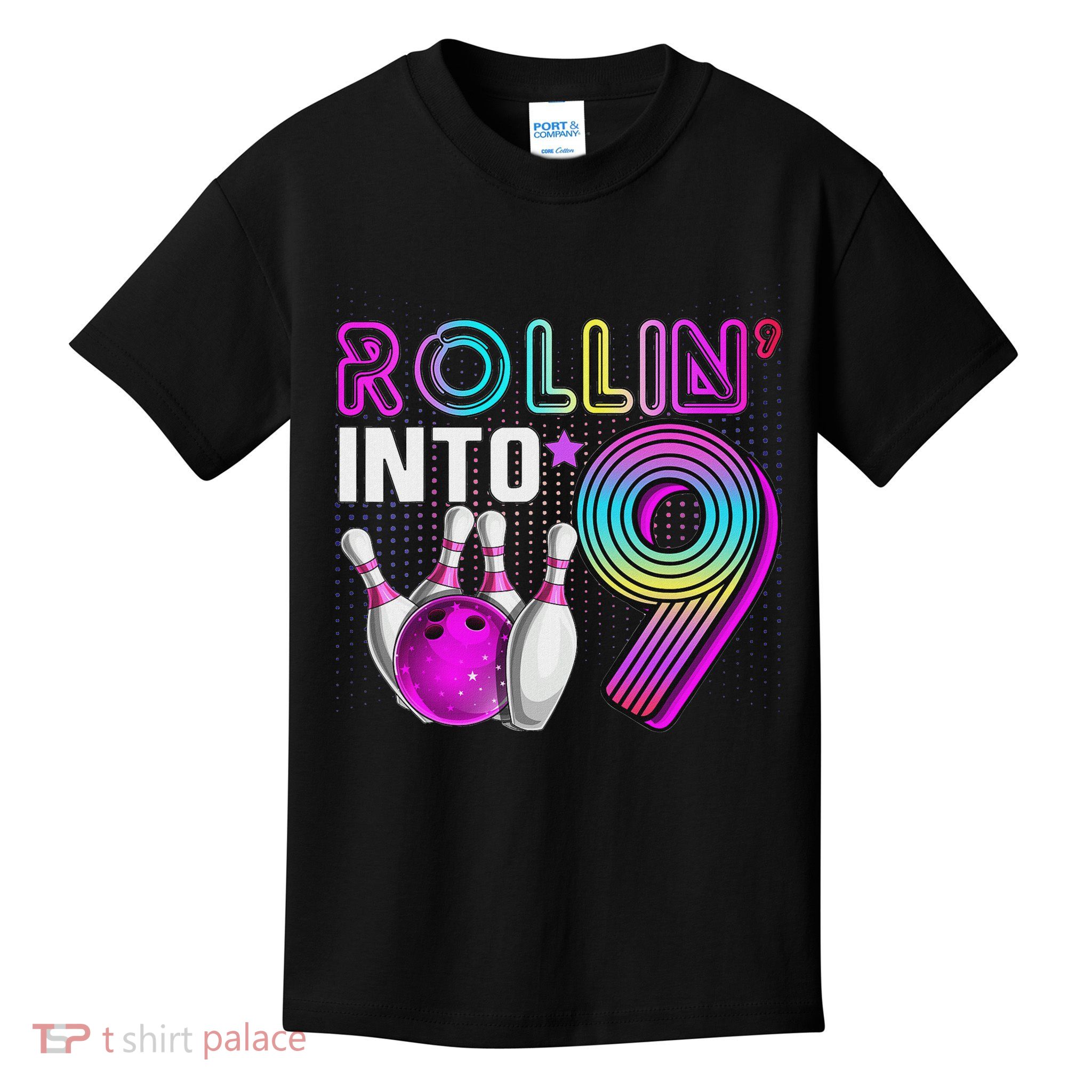 Rollin Into 9 Bowling Birthday Party 9th Birthday Retro Girl Kids T-Shirt