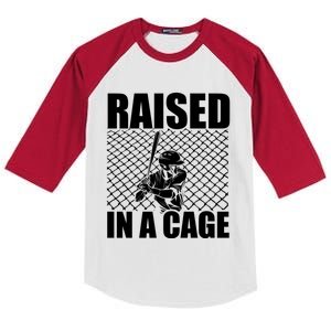 Raised In A Cage Baseball Training Batter Catcher Pitch Gift Kids Colorblock Raglan Jersey