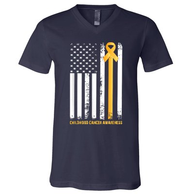 Ribbon In A Flag, Childhood Cancer Awareness V-Neck T-Shirt