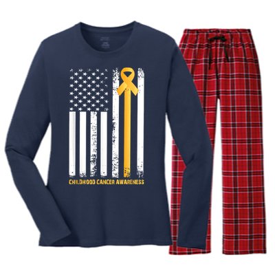 Ribbon In A Flag, Childhood Cancer Awareness Women's Long Sleeve Flannel Pajama Set 