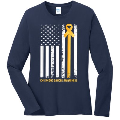 Ribbon In A Flag, Childhood Cancer Awareness Ladies Long Sleeve Shirt