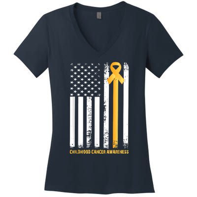 Ribbon In A Flag, Childhood Cancer Awareness Women's V-Neck T-Shirt