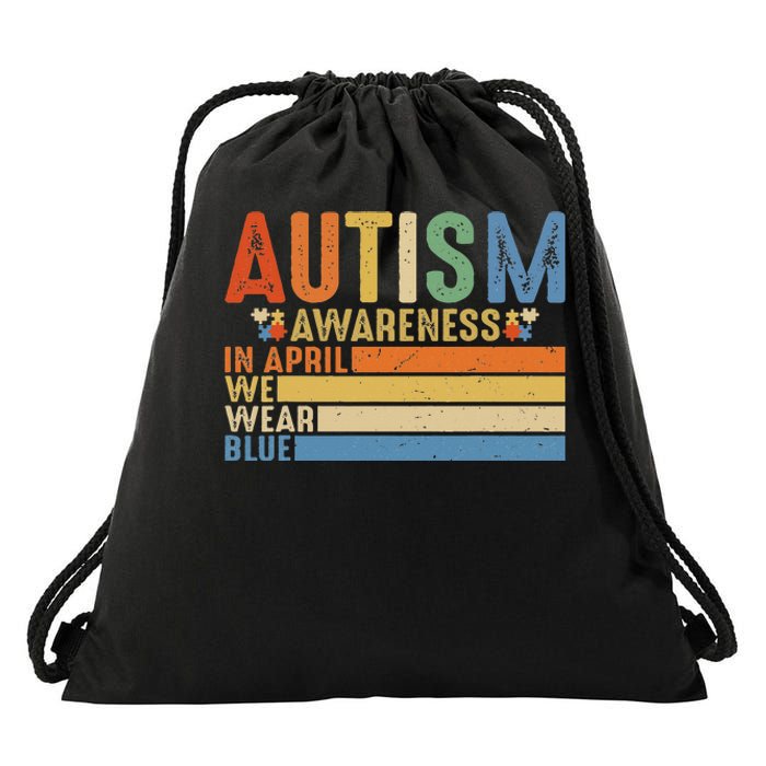 Retro IN APRIL WE WEAR BLUE Puzzle Autism Awareness Month Drawstring Bag