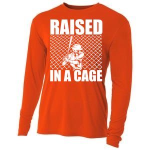 Raised In A Cage Baseball Training Batter Catcher Pitch Gift Cooling Performance Long Sleeve Crew