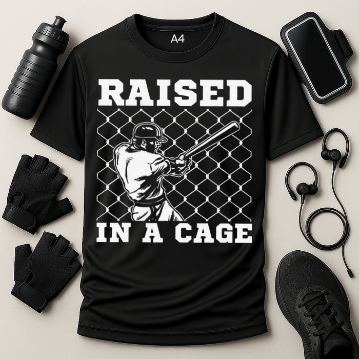 Raised In A Cage Baseball Training Batter Catcher Pitch Cooling Performance Crew T-Shirt