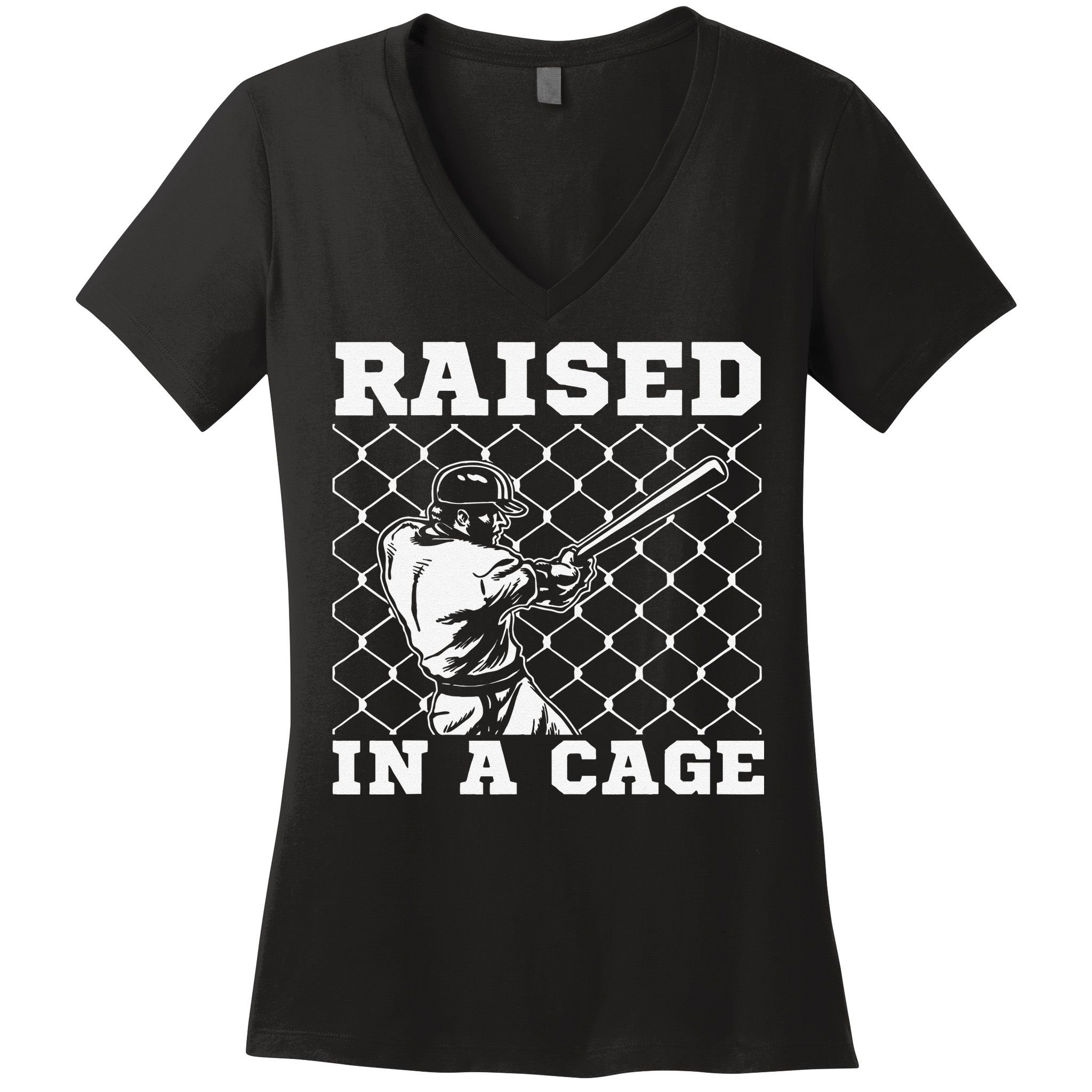 Raised In A Cage Baseball Training Batter Catcher Pitch Women's V-Neck T-Shirt
