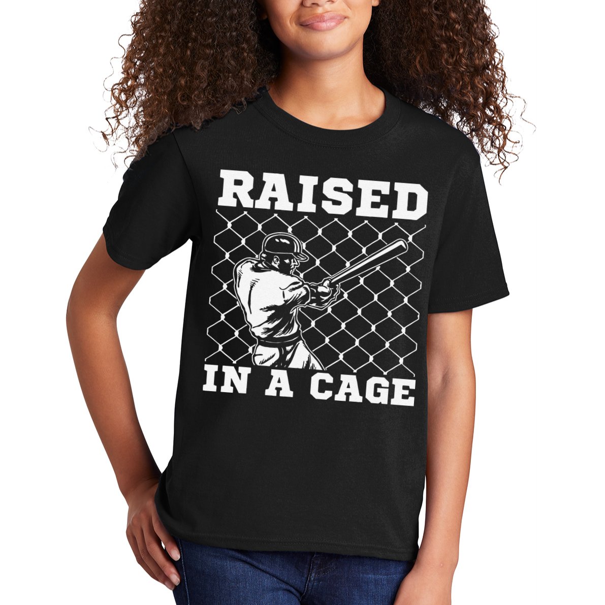 Raised In A Cage Baseball Training Batter Catcher Pitch Kids T-Shirt